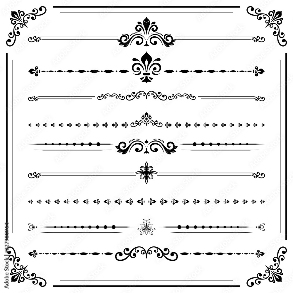 Vintage set of decorative elements. Horizontal separators in the frame. Collection of different ornaments. Classic patterns. Set of vintage patterns
