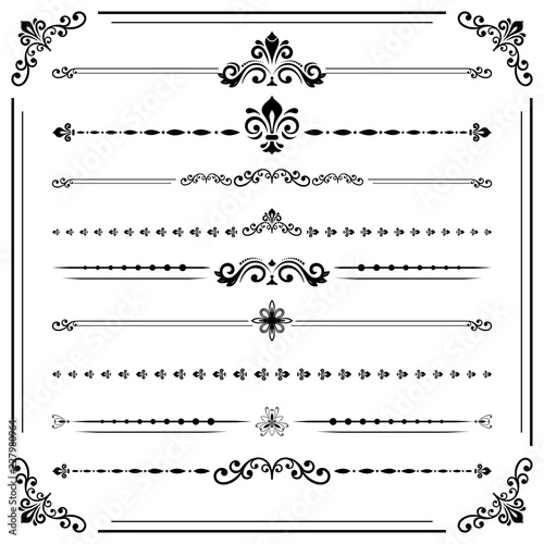 Vintage set of decorative elements. Horizontal separators in the frame. Collection of different ornaments. Classic patterns. Set of vintage patterns