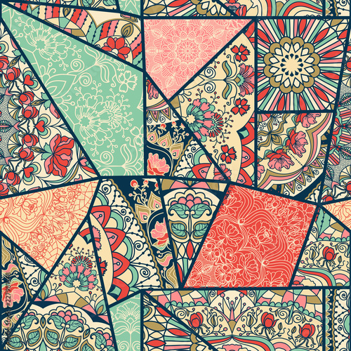 Vector abstract hand drawn seamless patchwork pattern with floral ornaments, stylized flowers, dots, plants and lace. Vintage boho style.