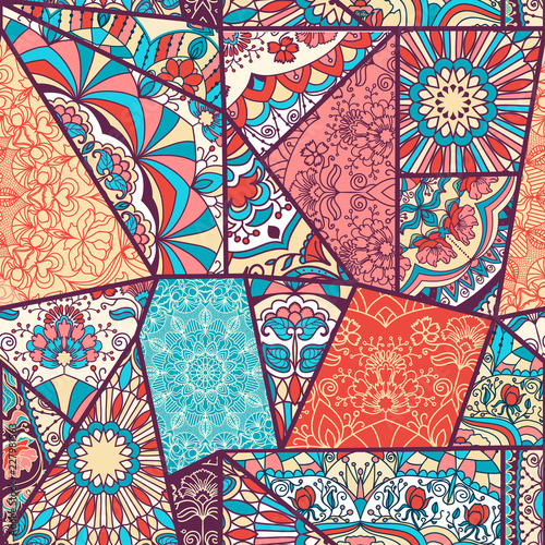 Vector abstract hand drawn seamless patchwork pattern with floral ornaments, stylized flowers, dots, plants and lace. Vintage boho style.