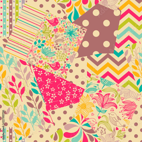 Vector abstract hand drawn seamless patchwork pattern with floral ornaments, stylized flowers, dots, plants and lace. Vintage boho style.