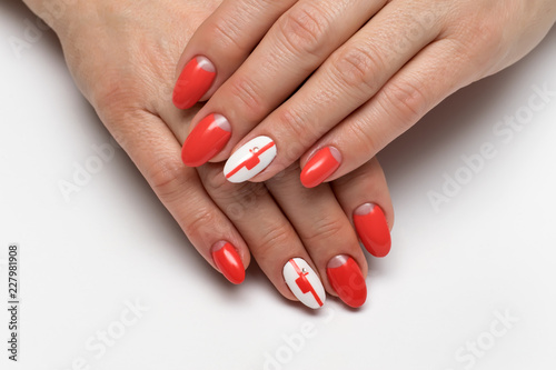 brick manicure on long oval nails with white ring fingers with crystals and painting
