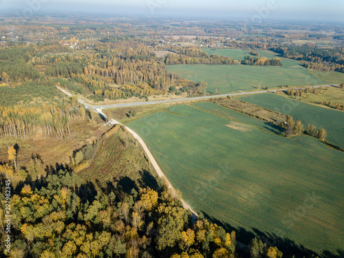 drone image. aerial view of rural area with fields and forests in autumn