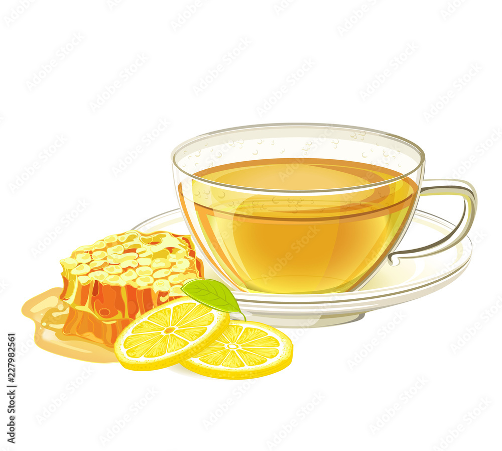 Cup of herbal tea with lemon and honeycomb. Vector illustration on isolated white background Cup of herbal tea with lemon and honeycomb. Vector illustration on isolated white background