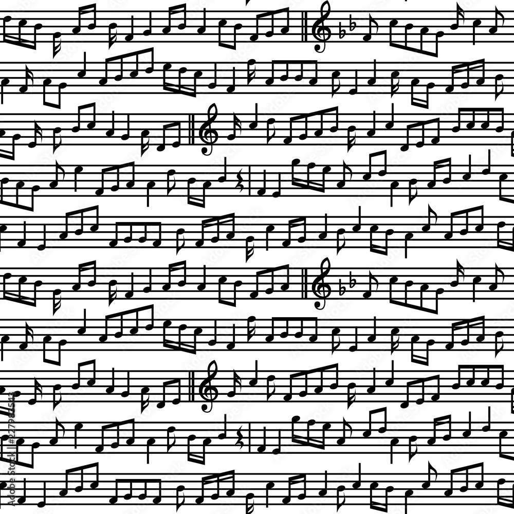 Stave with music notes seamless pattern. Black and white vector music notes sheet seamless pattern. Editable background color. Stave with music notes seamless pattern. Black and white vector music notes sheet seamless pattern. Editable background color.