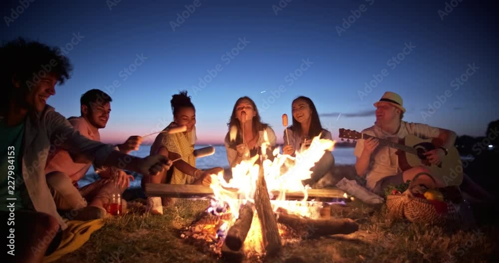 Group of six old multi-ethnic friends sitting near bonfire, roasting sausages, having a summer beach party, talking, enjoying their time 4k