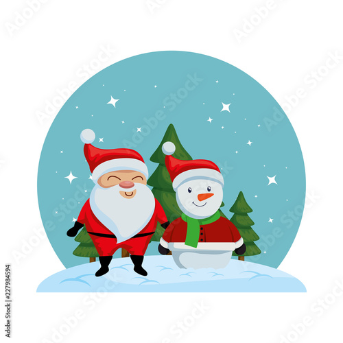 merry christmas snowman and santa in ice scape