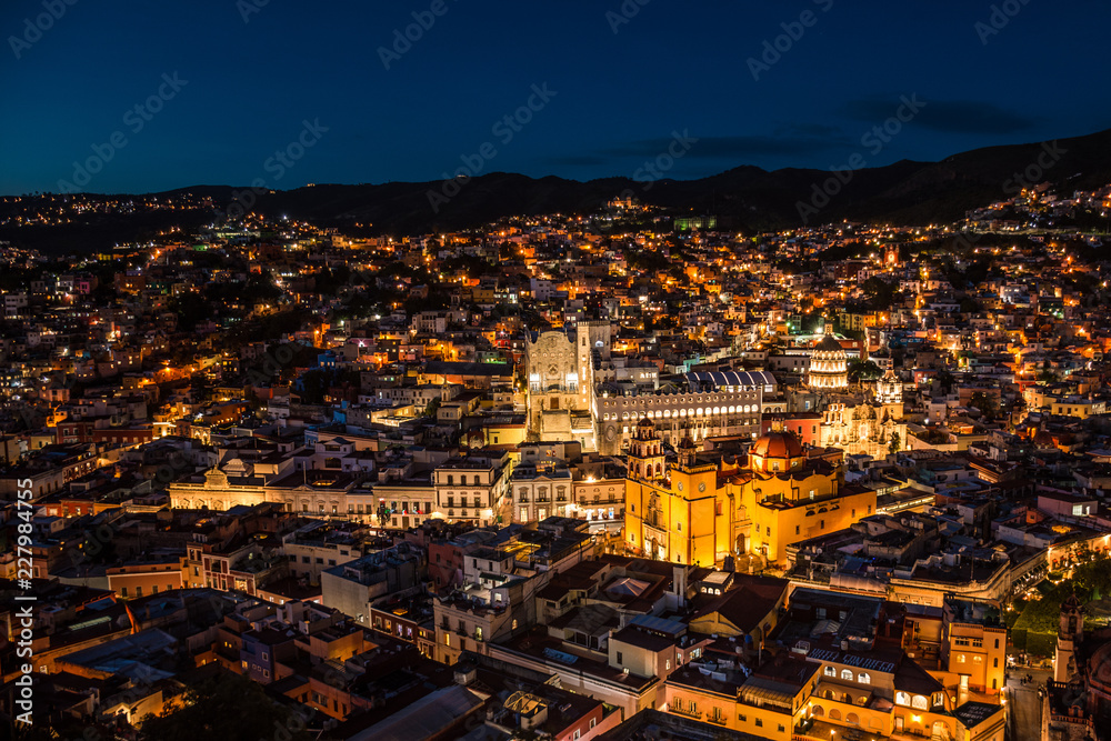 Beautiful night panorama of Guanajuato City in Mexico