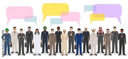 Group of men businessmen standing together and speech bubbles on white background in flat style. Business team and teamwork. Different nationalities and dress styles. Concept of the opinion poll.