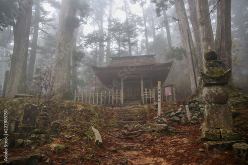 Okunoin Cemetery at Mount Koya in misty Koyasan photo