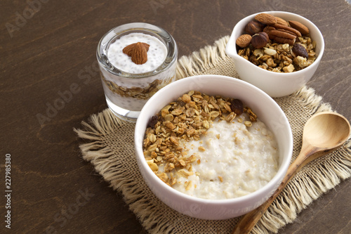 Healthy nutritious Breakfast. yogurt, oatmeal and granola.