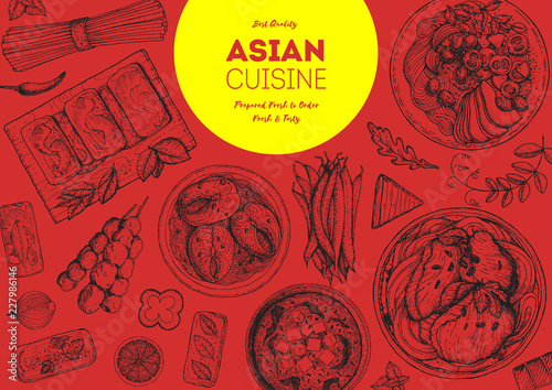 Asian cuisine sketch collection. Hand drawn vector illustration. Food menu design template, engraved elements. Food set.