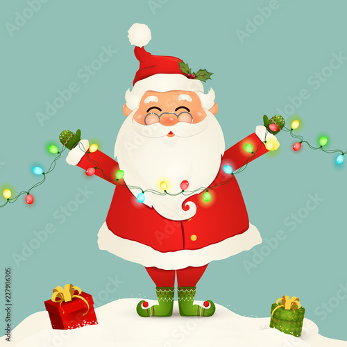 Cute Santa Claus standing in snow holding Christmas lights garland isolated. Santa clause for winter and new year festive Christmas holidays. Happy Santa Claus vector cartoon character.