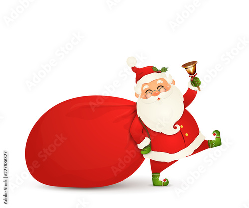 Santa Claus is coming. Santa Claus with huge, red, heavy bag with presents, gift boxes, jingle bell isolated. Happy Santa Claus cartoon character for winter, new year holidays, christmas posters.