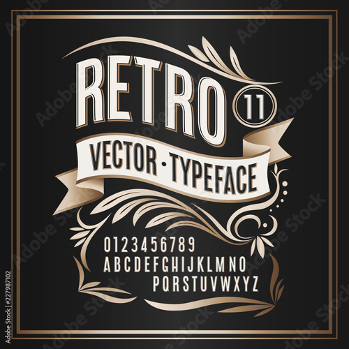 Vector vintage typeface. Retro golden badge on dark background