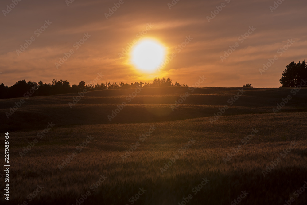 Obraz premium Sunset over farm field in Northern Wisconsin