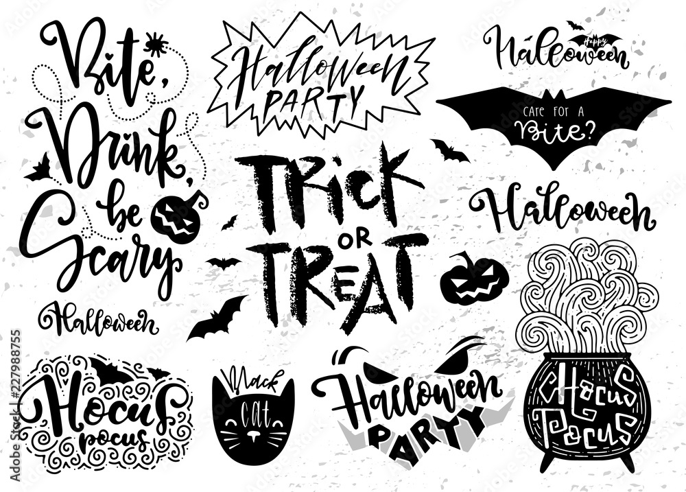 Set of Halloween elements, symbols and quotes, script, lettering