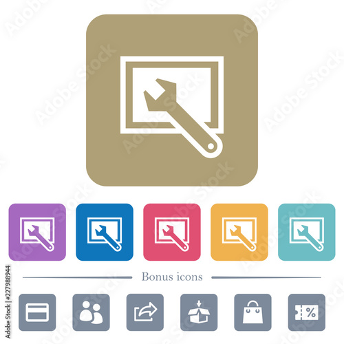 Screen settings flat icons on color rounded square backgrounds