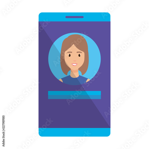 young woman character in smartphone