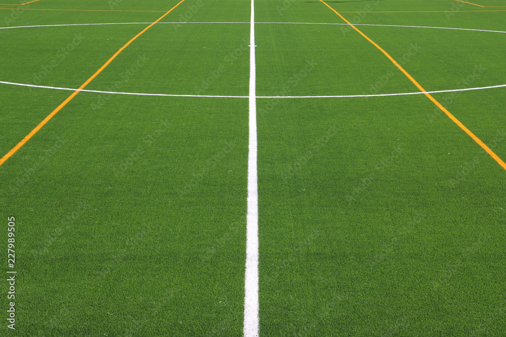 campo de fútbol con césped artificial con líneas blancas y amarillas