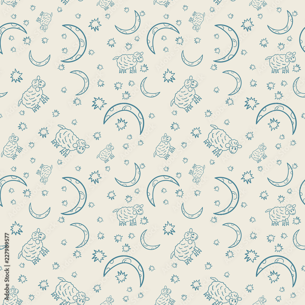 Seamless pattern of lambs of months and stars