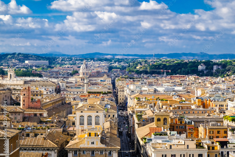 Beautiful panoramic view of the Rome houses roofs and green hills.
