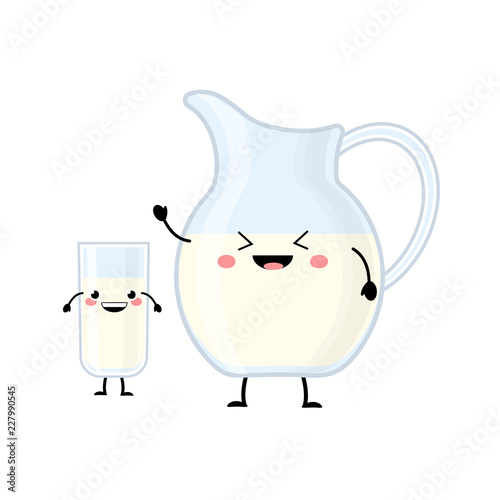 Milk jug and glass vector characters isolated on white backgroun