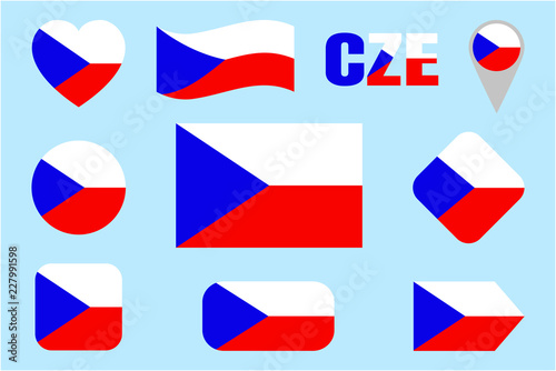 Czech Republic flag vector set. Different geometric shapes. Flat style. Czech flags collection. Can use for sports, national, travel, geographic design elements. isolated icons with state name.