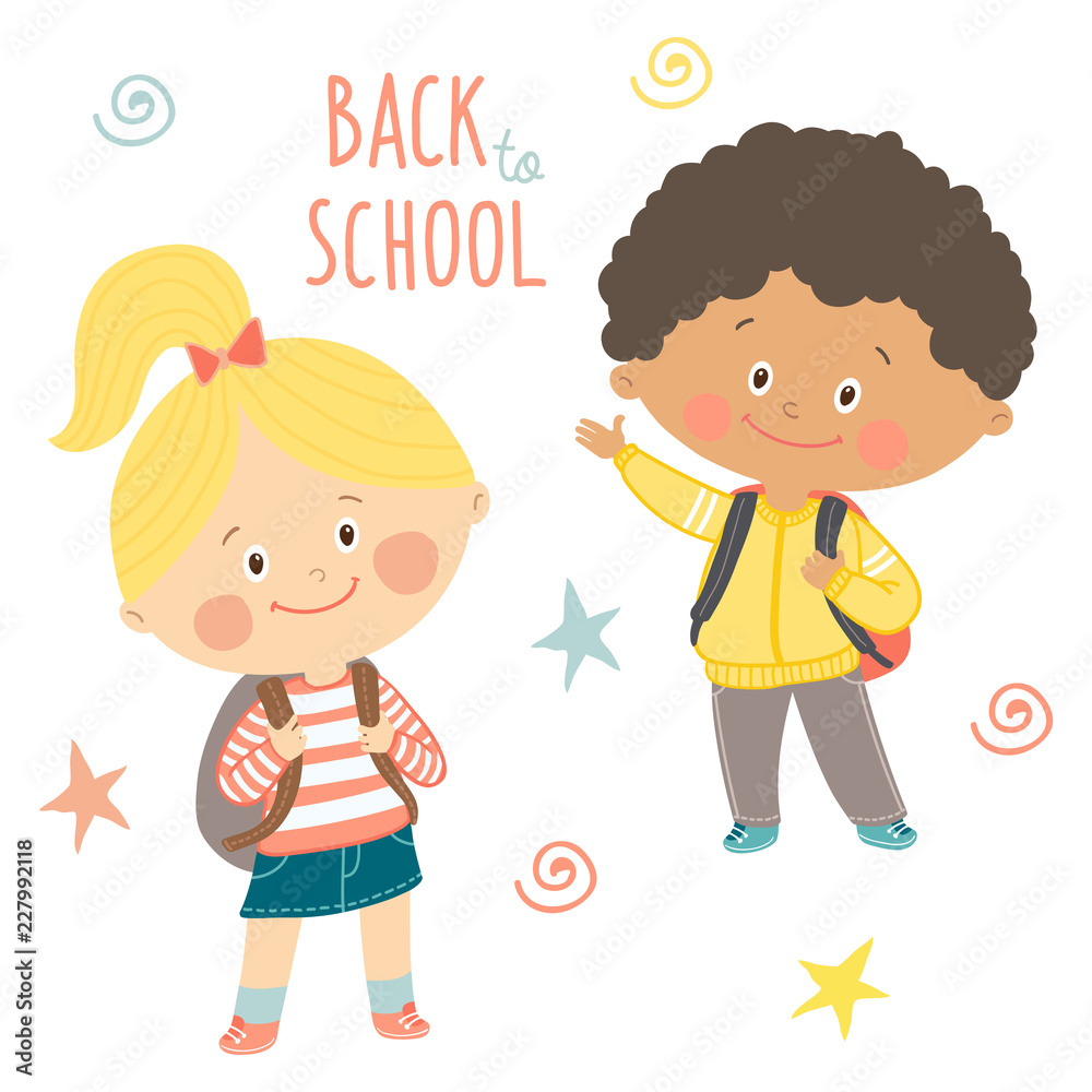 Funny hand drawn kids with backpacks. Cute boy and girl with schoolbags. Back to school card design.Cartoon vector eps 10 illustration on white background in flat style. Funny hand drawn kids with backpacks. Cute boy and girl with schoolbags. Back to school card design.Cartoon vector eps 10 illustration on white background in flat style.