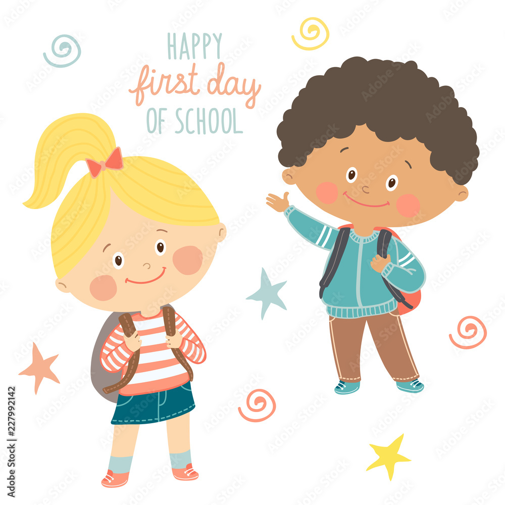 Funny hand drawn kids with backpacks. Cute boy and girl with schoolbags. Happy first day of school card design.Cartoon vector eps 10 illustration on white background in flat style. Funny hand drawn kids with backpacks. Cute boy and girl with schoolbags. Happy first day of school card design.Cartoon vector eps 10 illustration on white background in flat style.