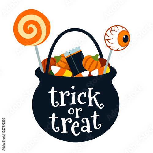 Halloween trick or treat black cauldron bucket full of candy vector cartoon illustration isolated on white. Lollipops, candy corn, candy pumpkins. Fall Halloween treats for children design element.