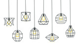 Set of different geometric loft lamps and iron lampshade. Industrial style. Set of vintage chandelier and pendant lamps.