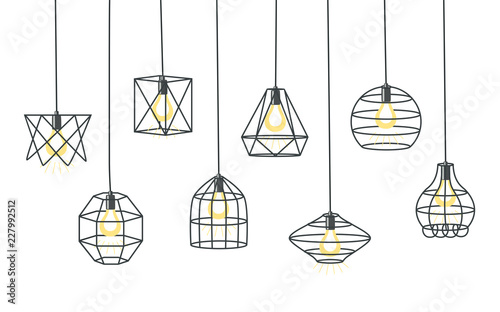 Set of different geometric loft lamps and iron lampshade. Industrial style. Set of vintage chandelier and pendant lamps.