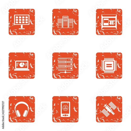 Cosmic tech icons set. Grunge set of 9 cosmic tech vector icons for web isolated on white background