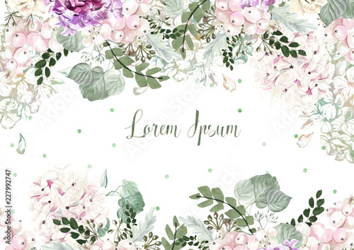 Beautiful watercolor wedding card with leaves and flowers of  hudrangea, rose...