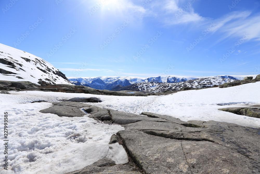 Bright sun in snowy mountains
