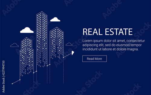 Real estate investment grahic with skyscrapers and clouds