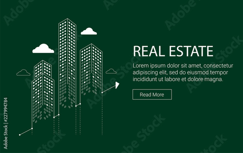 Real estate investment grahic with skyscrapers and clouds