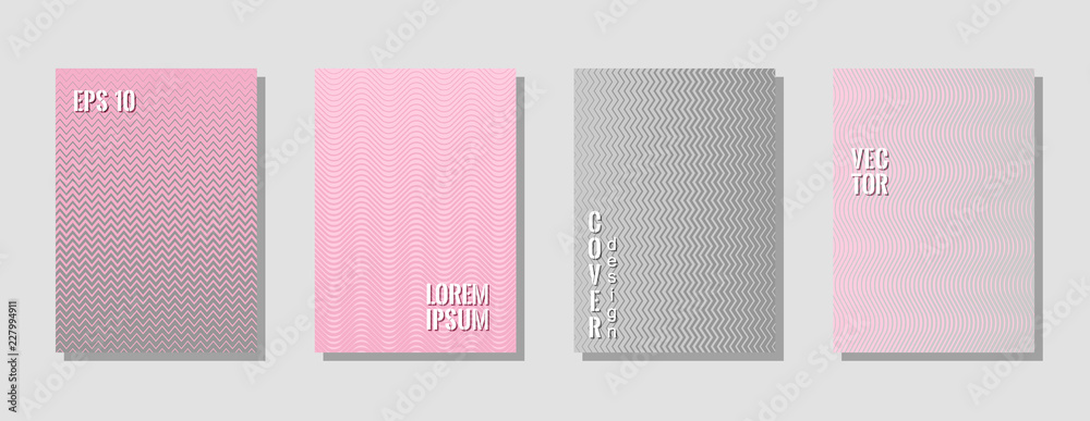Indie pink grey style zig zag banner templates, wavy lines gradient stripes backgrounds for advertising cover. Curve shapes stripes, zig zag edge lines halftone texture gradient posters set.