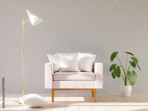 Blank white soft square pillow on a modern armchair. 3D render.