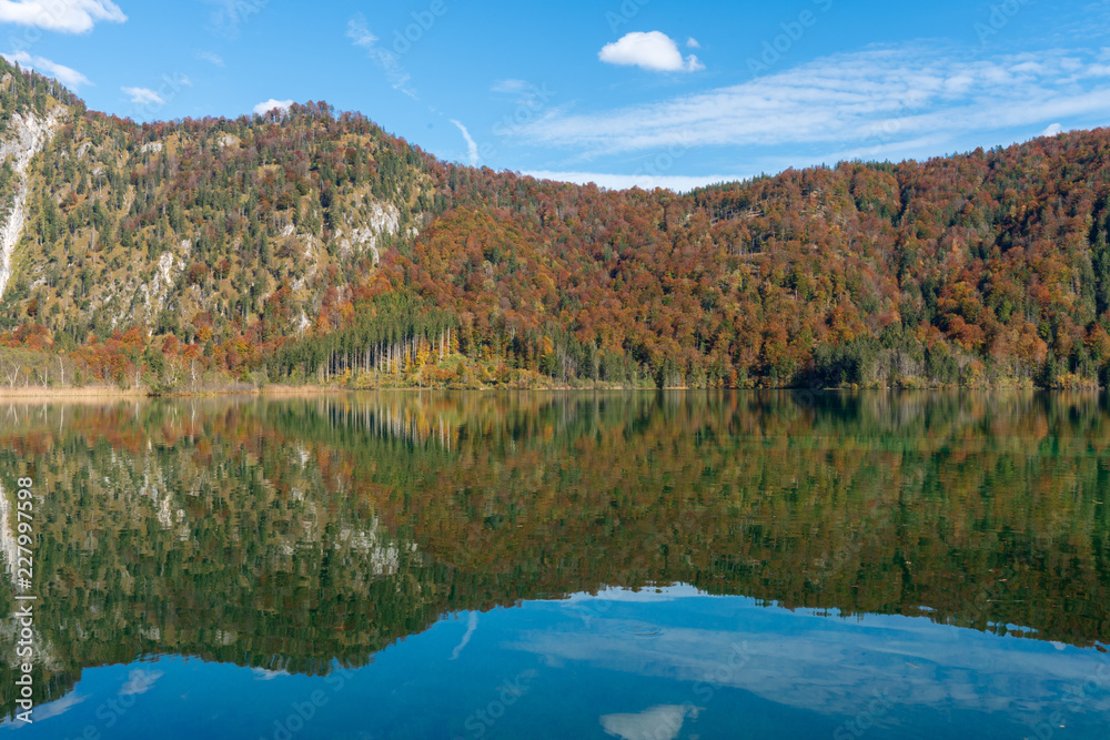 Almsee bei Sonnenuntergang mit bunten Laubbäumen und Herbstblättern, an einem wunderschönen Herbsttag