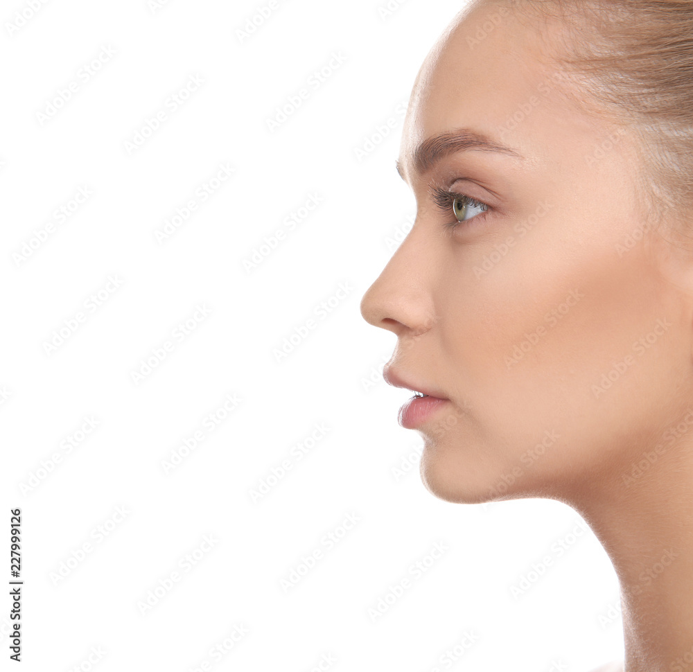 Portrait of young woman on white background. Space for text Portrait of young woman on white background. Space for text
