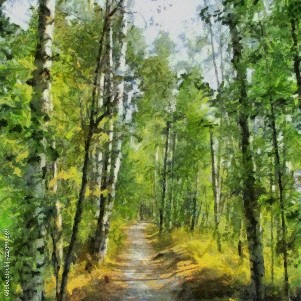 Hand drawing watercolor art on canvas. Artistic big print. Original modern painting. Acrylic dry brush background. Beautiful summer green forest landscape. Wild nature. Paradise view. Blue bright sky Hand drawing watercolor art on canvas. Artistic big print. Original modern painting. Acrylic dry brush background. Beautiful summer green forest landscape. Wild nature. Paradise view. Blue bright sky