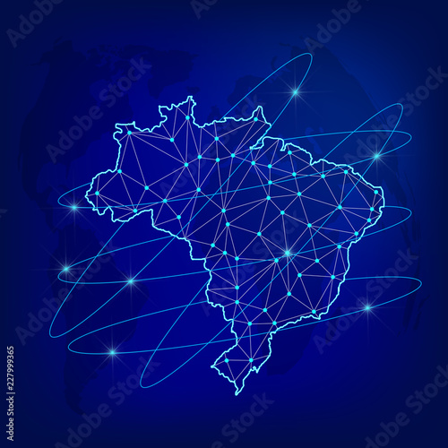 Global logistics network concept. Communications network map Brazil on the world background. Map of  Brazil with nodes in polygonal style. Vector illustration EPS10. 