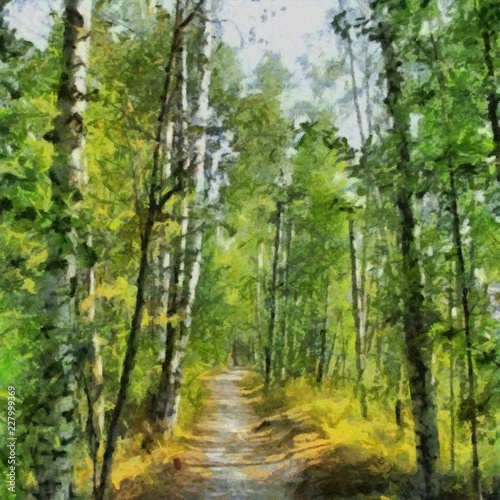 Hand drawing watercolor art on canvas. Artistic big print. Original modern painting. Acrylic dry brush background. Beautiful summer green forest landscape. Wild nature. Paradise view. Blue bright sky  © Pavel