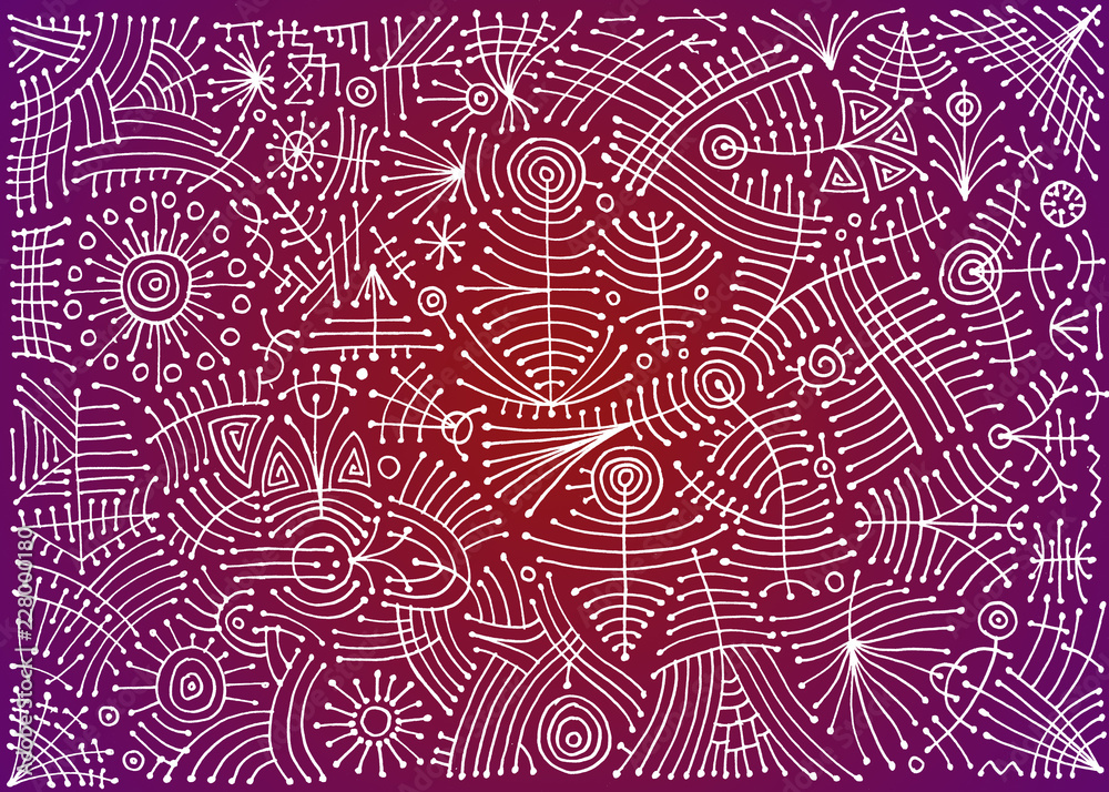 Fototapeta premium Abstract geometric futuristic and fantastic background. White lines on bright purple and red backing. Author's graphics.