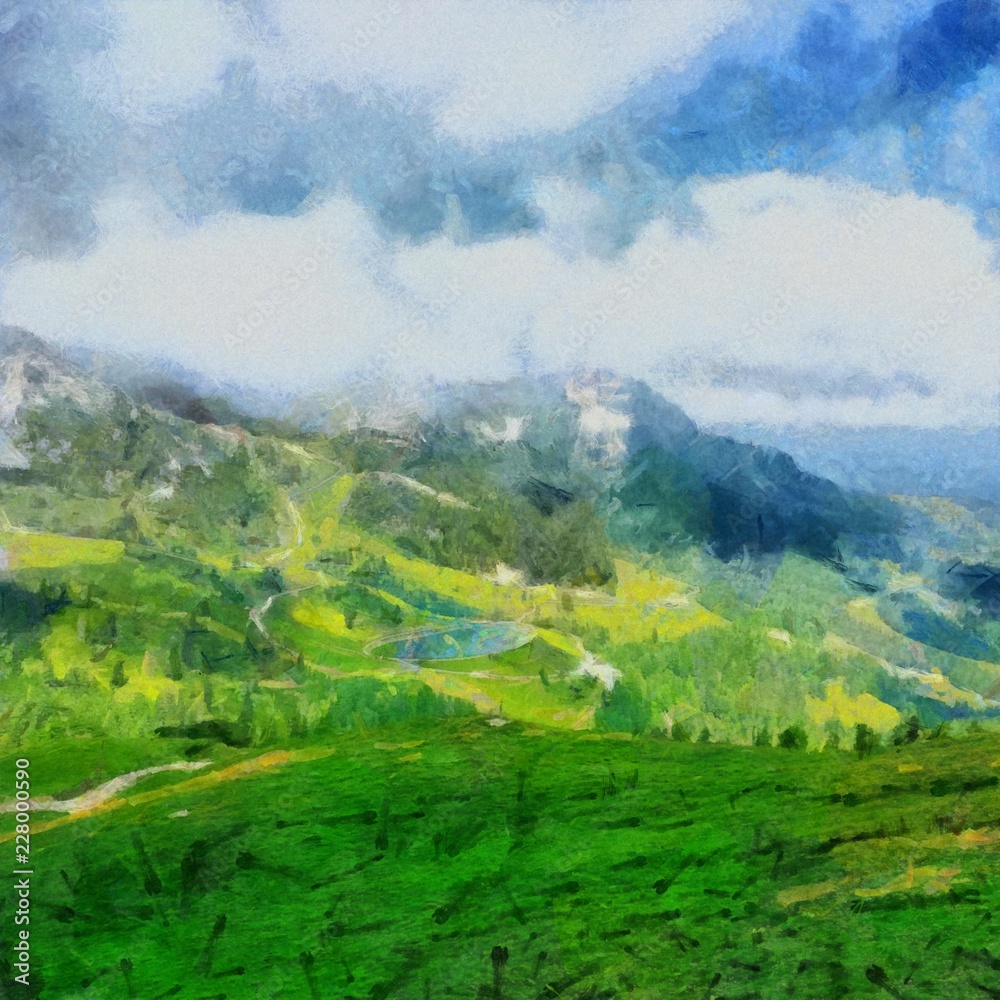 Hand drawing watercolor art on canvas. Artistic big print. Original modern painting. Acrylic dry brush background. Beautiful mountain landscape. Wild nature. Paradise view. Blue bright sky clouds