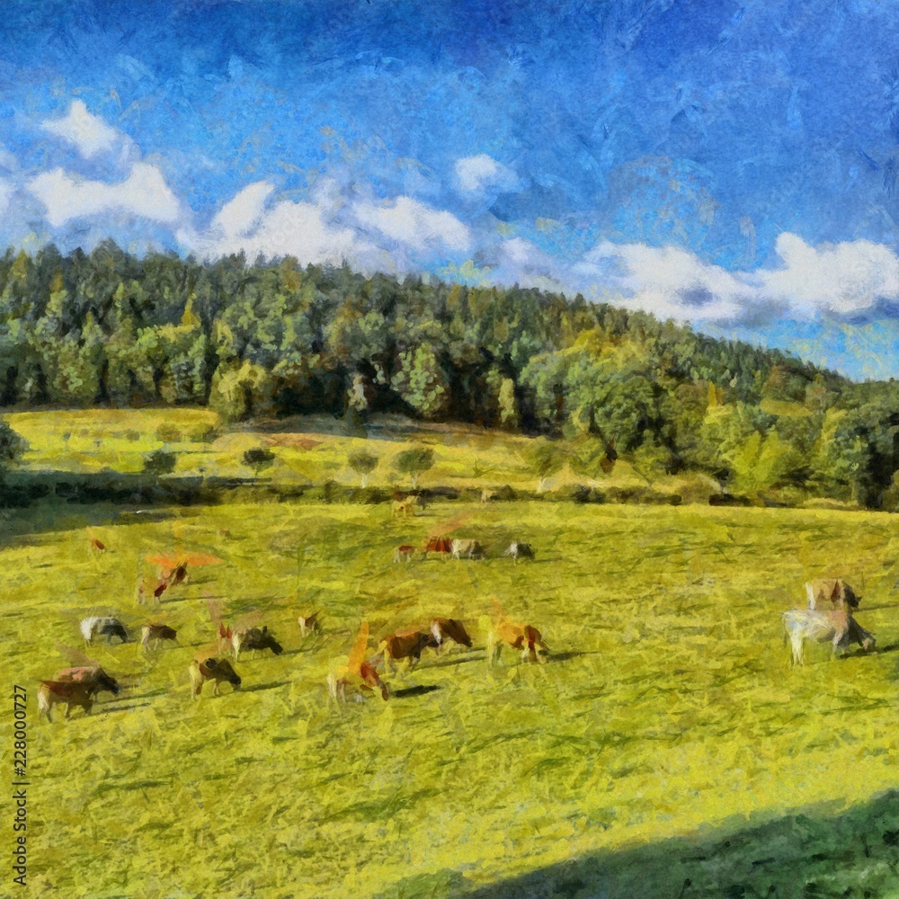 Naklejka premium Hand drawing watercolor art on canvas. Artistic big print. Original modern painting. Acrylic dry brush background. Beautiful mountain landscape. Wild nature. Cows on green hill. Blue bright sky clouds