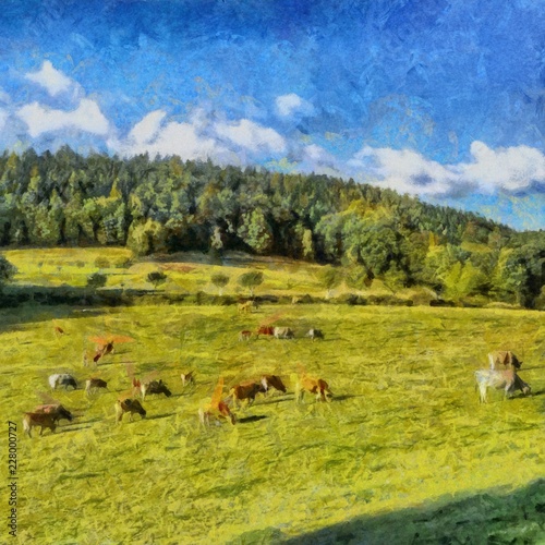 Hand drawing watercolor art on canvas. Artistic big print. Original modern painting. Acrylic dry brush background. Beautiful mountain landscape. Wild nature. Cows on green hill. Blue bright sky clouds