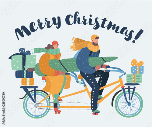Family couple ride on tandem bicycle